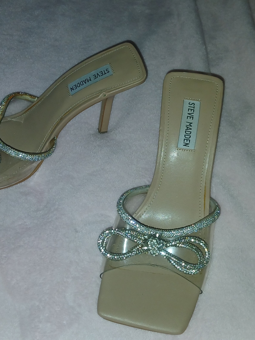 Steve Madden Beige Heeled Sandals with Crystal Bow Accent